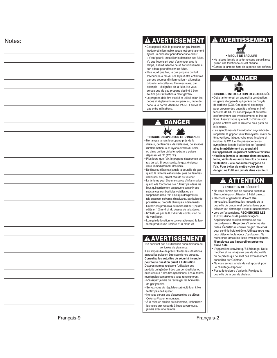 Avertissement, Danger, Attention | Français-9, Français-2 | Coleman NORTHSTAR 2500 User Manual | Page 11 / 14