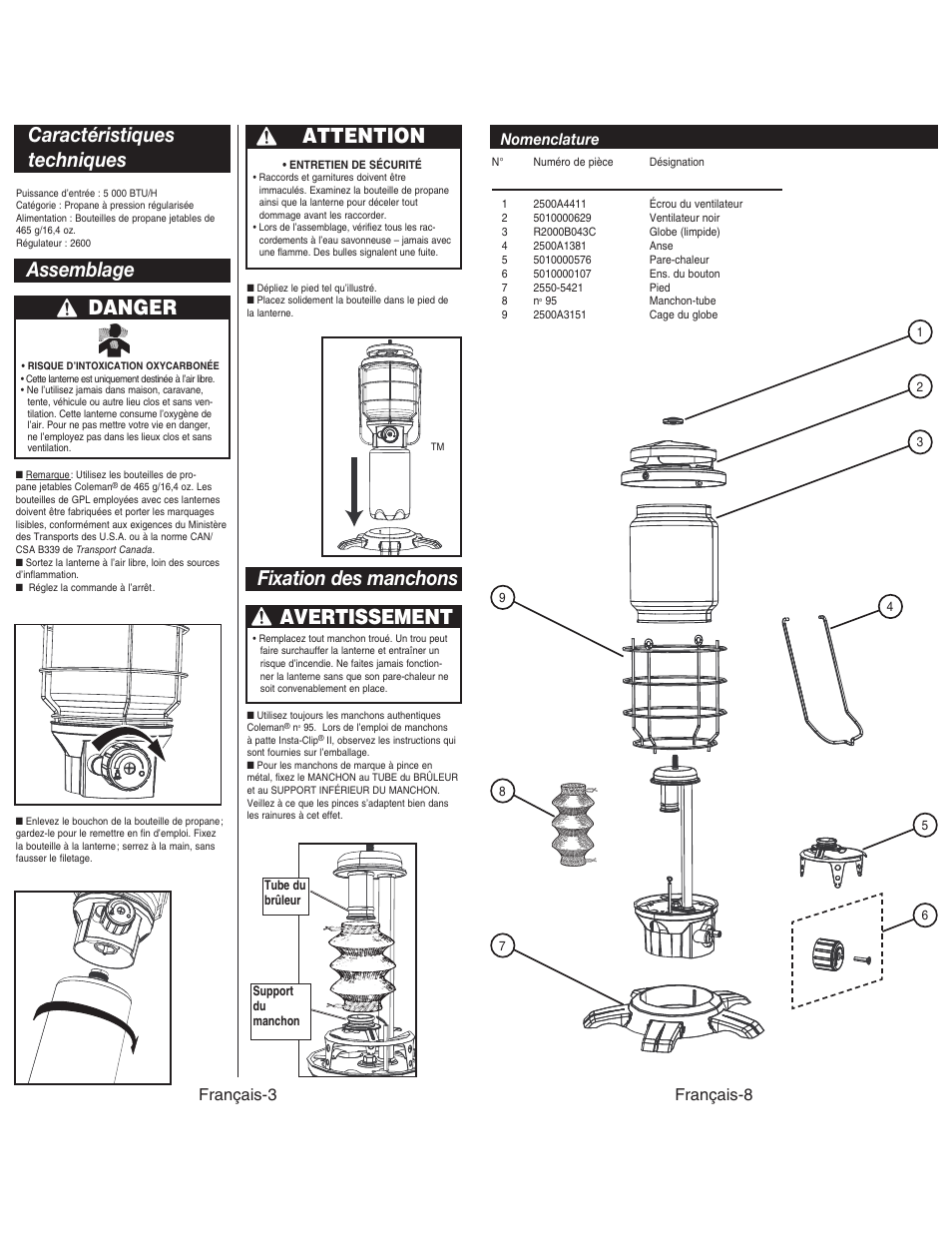 Caractéristiques techniques, Danger, Assemblage | Fixation des manchons, Attention, Avertissement, Français-3, Français-8 nomenclature | Coleman NORTHSTAR 2500 User Manual | Page 12 / 14