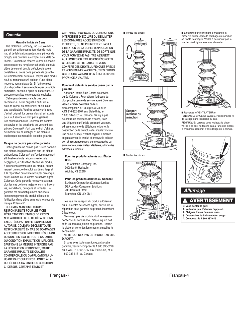 Allumage avertissement, Français-7 garantie, Français-4 | Coleman NORTHSTAR 2500 User Manual | Page 13 / 14