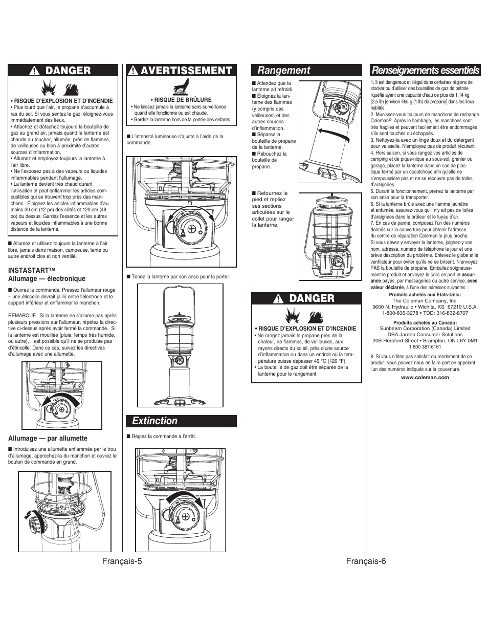 Extinction, Danger, Avertissement | Renseignements essentiels, Rangement, Français-5, Français-6 | Coleman NORTHSTAR 2500 User Manual | Page 14 / 14