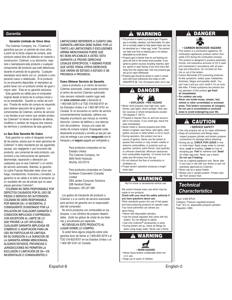 Warning, Danger, Caution | Technical characteristics, Warning danger, Garantia, Español-8 english-2 | Coleman NORTHSTAR 2500 User Manual | Page 3 / 14