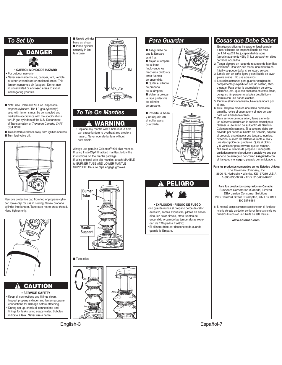 Caution, Warning, Peligro | Cosas que debe saber, Para guardar, English-3, Español-7 | Coleman NORTHSTAR 2500 User Manual | Page 4 / 14