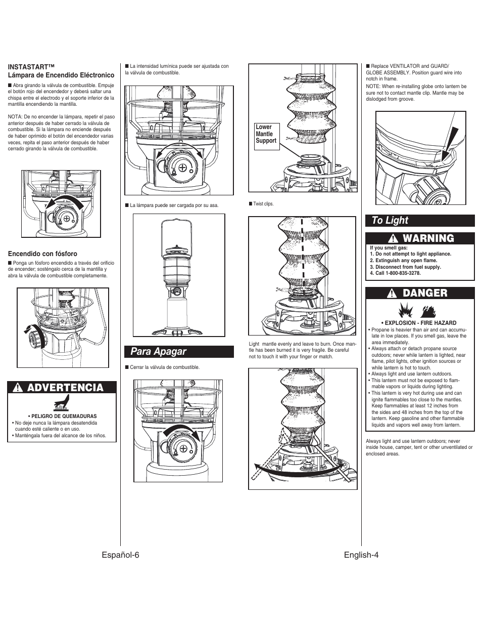 Para apagar, Advertencia, Warning | Español-6, English-4 | Coleman NORTHSTAR 2500 User Manual | Page 5 / 14