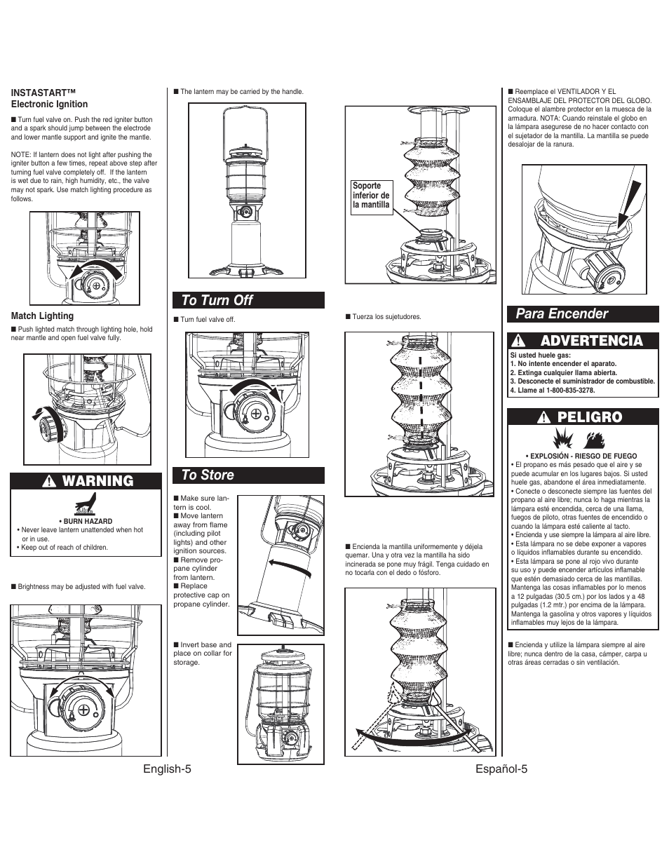 Warning, Para encender, Advertencia | Peligro | Coleman NORTHSTAR 2500 User Manual | Page 6 / 14