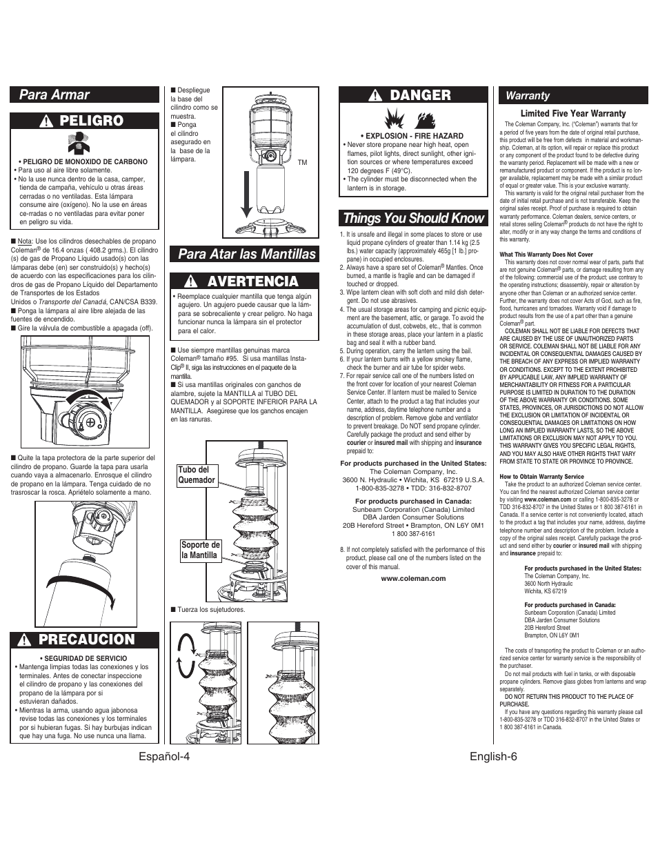 Para atar las mantillas, Precaucion, Avertencia | Peligro, Para armar, Things you should know danger, Español-4, English-6 warranty | Coleman NORTHSTAR 2500 User Manual | Page 7 / 14