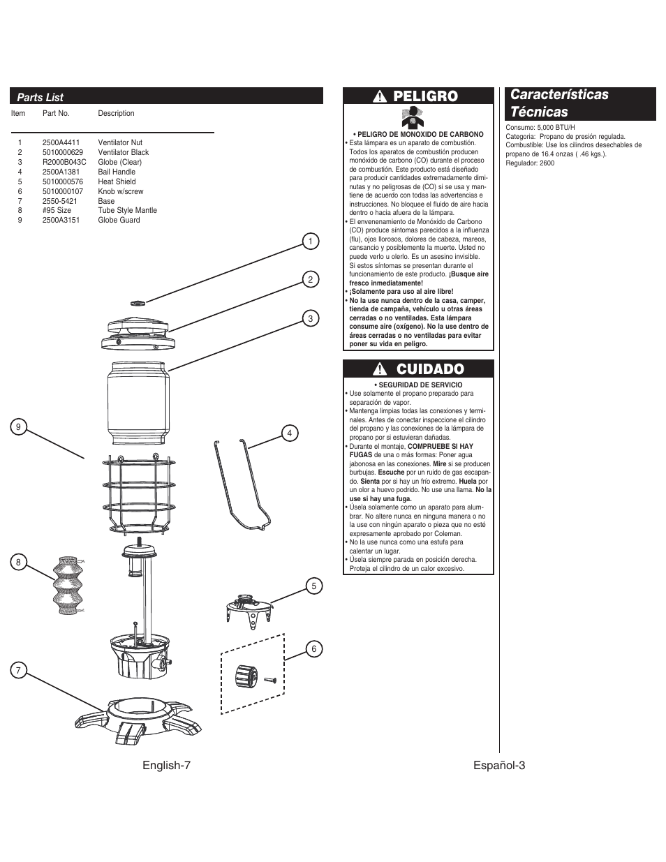 Peligro, Cuidado, Características técnicas | Parts list english-7, Español-3 | Coleman NORTHSTAR 2500 User Manual | Page 8 / 14