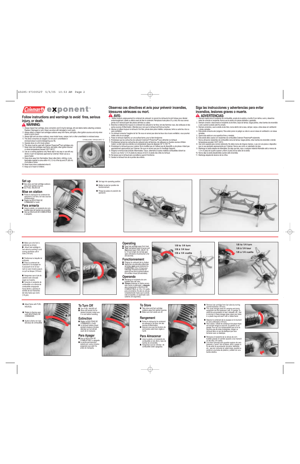 Operating, Fonctionnement, Operando | Rangement, Para almacenar, Set up, Mise en station, Para armarla, Extinction, Para apagar | Coleman 9730 User Manual | Page 2 / 2