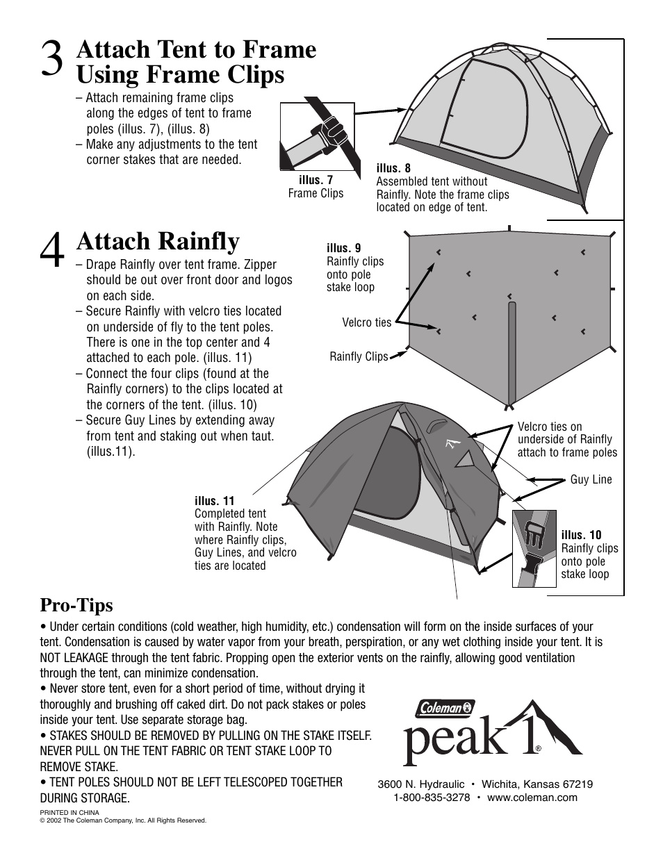 Attach tent to frame using frame clips, Attach rainfly, Pro-tips | Coleman Peak 1 9805-230 User Manual | Page 2 / 2