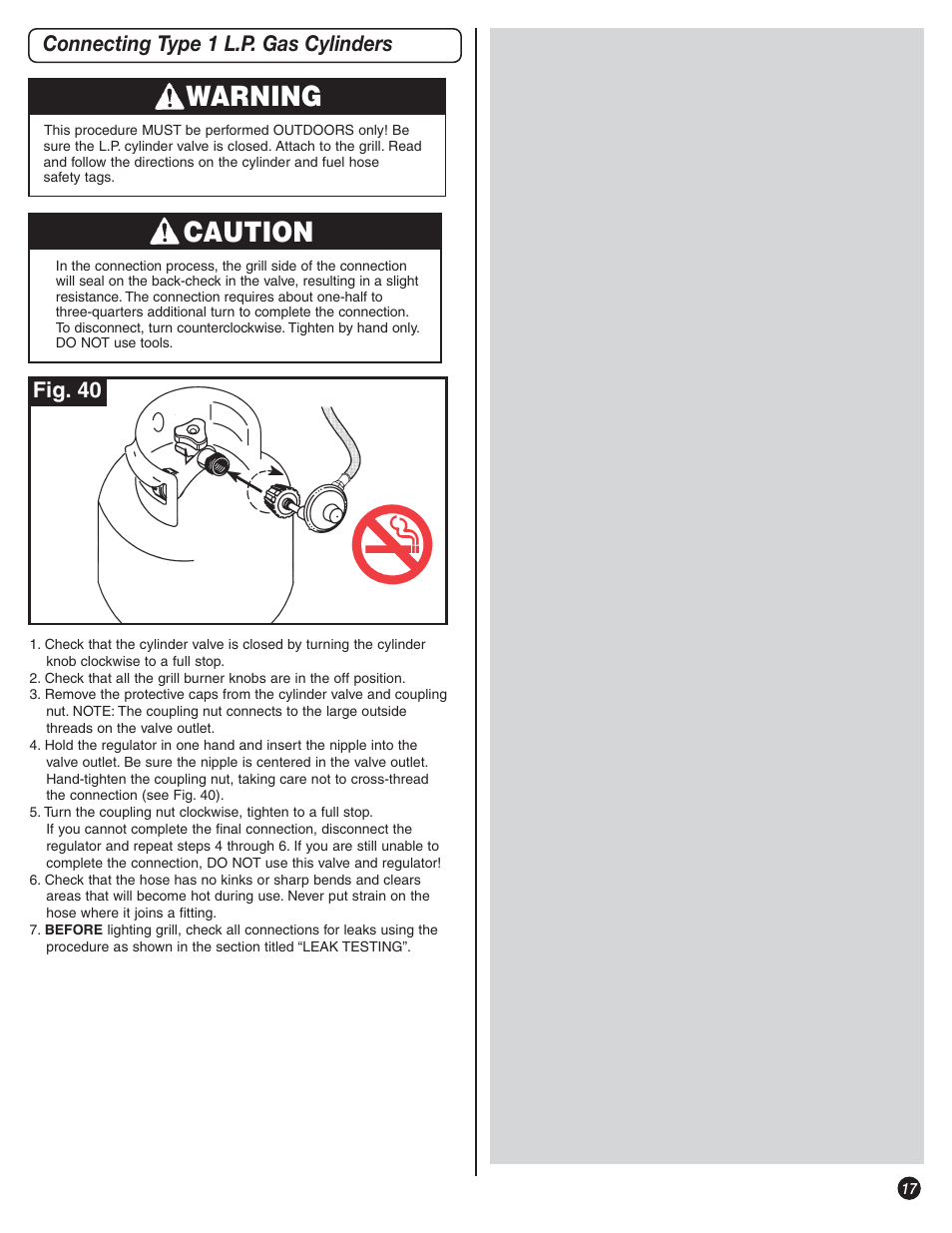 Warning, Caution, Connecting type 1 l.p. gas cylinders fig. 40 | Coleman 9992-643 User Manual | Page 17 / 32