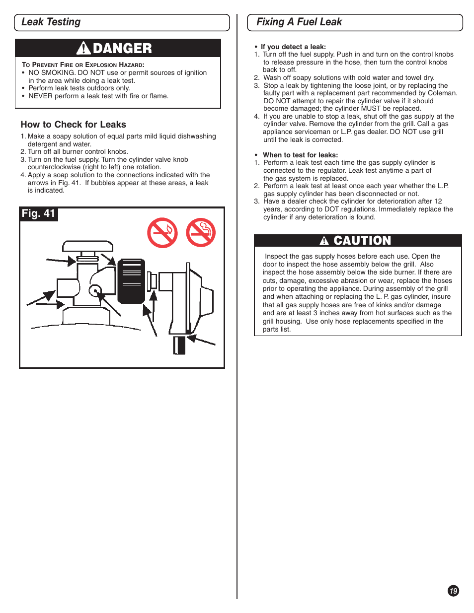 Danger, Caution, Leak testing | Fixing a fuel leak, Fig. 41 | Coleman 9992-643 User Manual | Page 19 / 32