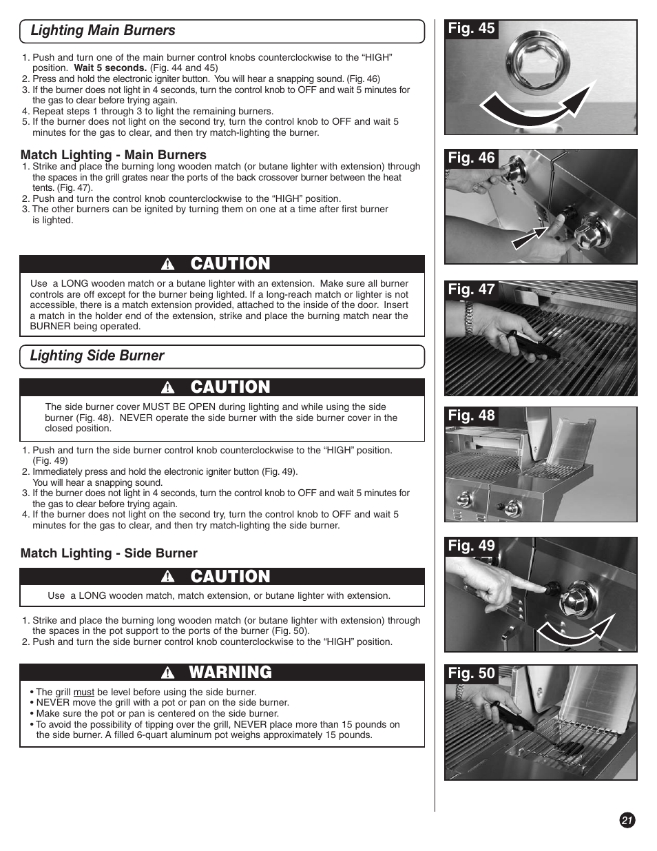 Caution, Warning, Lighting main burners lighting side burner | Fig. 46 fig. 45, Fig. 47 | Coleman 9992-643 User Manual | Page 21 / 32