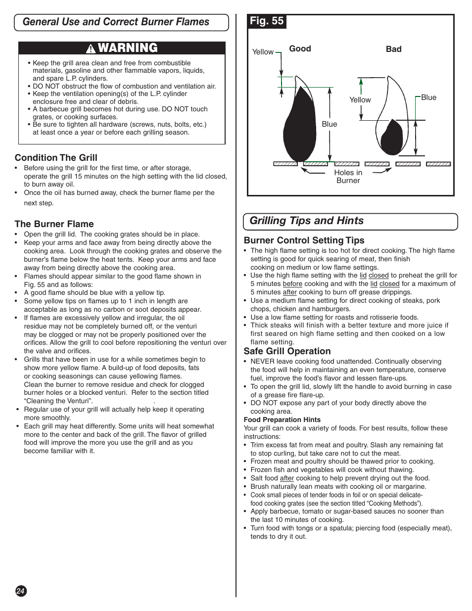 Warning, Grilling tips and hints, General use and correct burner flames | Fig. 55 | Coleman 9992-643 User Manual | Page 24 / 32