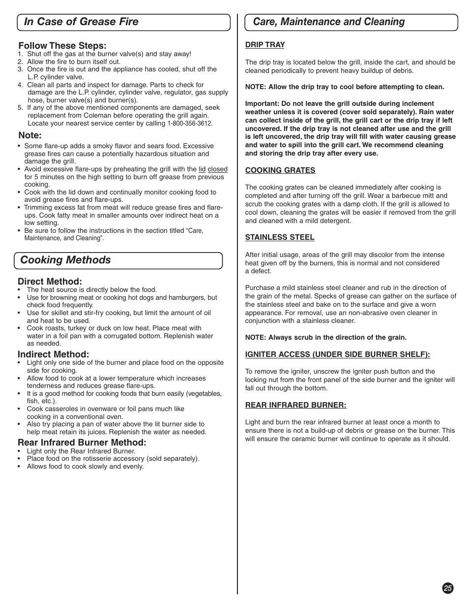 Cooking methods in case of grease fire, Care, maintenance and cleaning | Coleman 9992-643 User Manual | Page 25 / 32