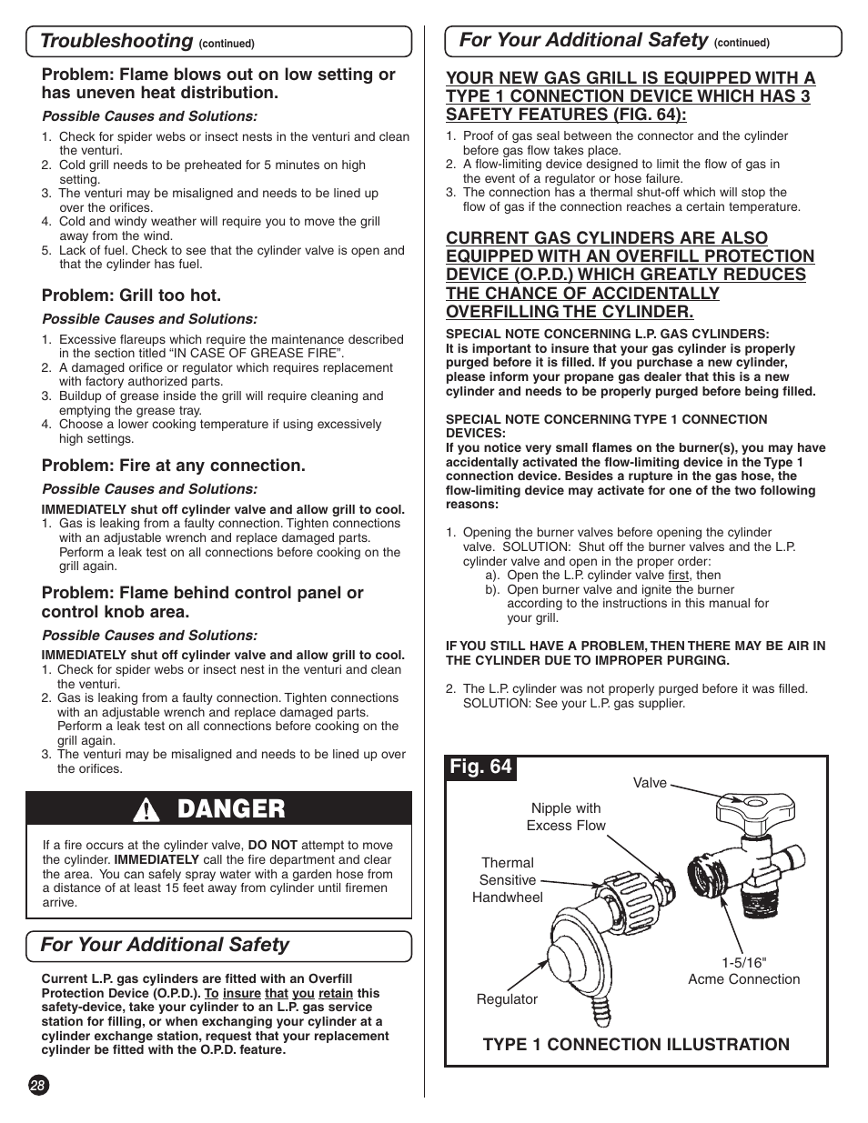 Danger, For your additional safety, Troubleshooting | Fig. 64 | Coleman 9992-643 User Manual | Page 28 / 32