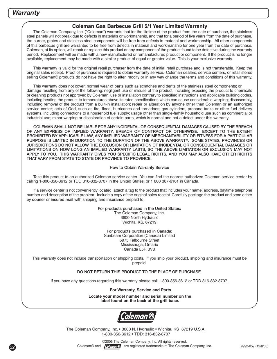 Warranty | Coleman 9992-643 User Manual | Page 32 / 32