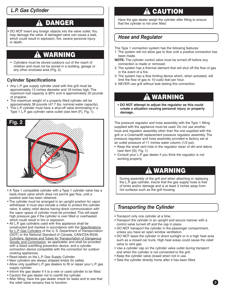 Danger, Warning, Caution | L.p. gas cylinder hose and regulator, Transporting the cylinder, Fig. 2 | Coleman 9992-643 User Manual | Page 5 / 32