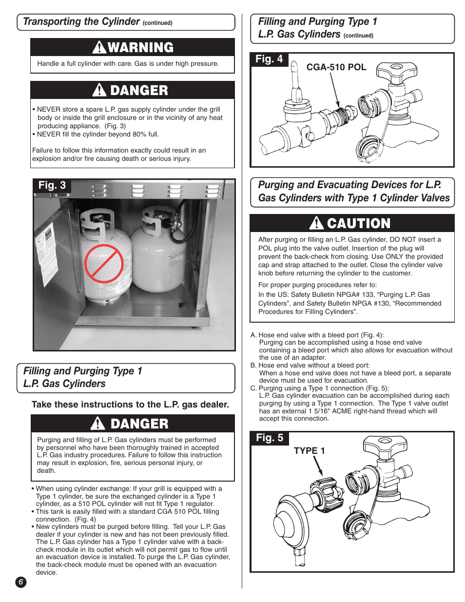 Warning, Danger, Caution | Transporting the cylinder, Fig. 3 fig. 4 fig. 5 | Coleman 9992-643 User Manual | Page 6 / 32