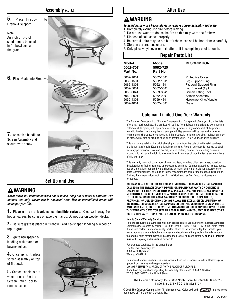 Warning, Assembly, Set up and use | After use, Repair parts list, Coleman limited one-year warranty | Coleman 5062-710 User Manual | Page 2 / 2