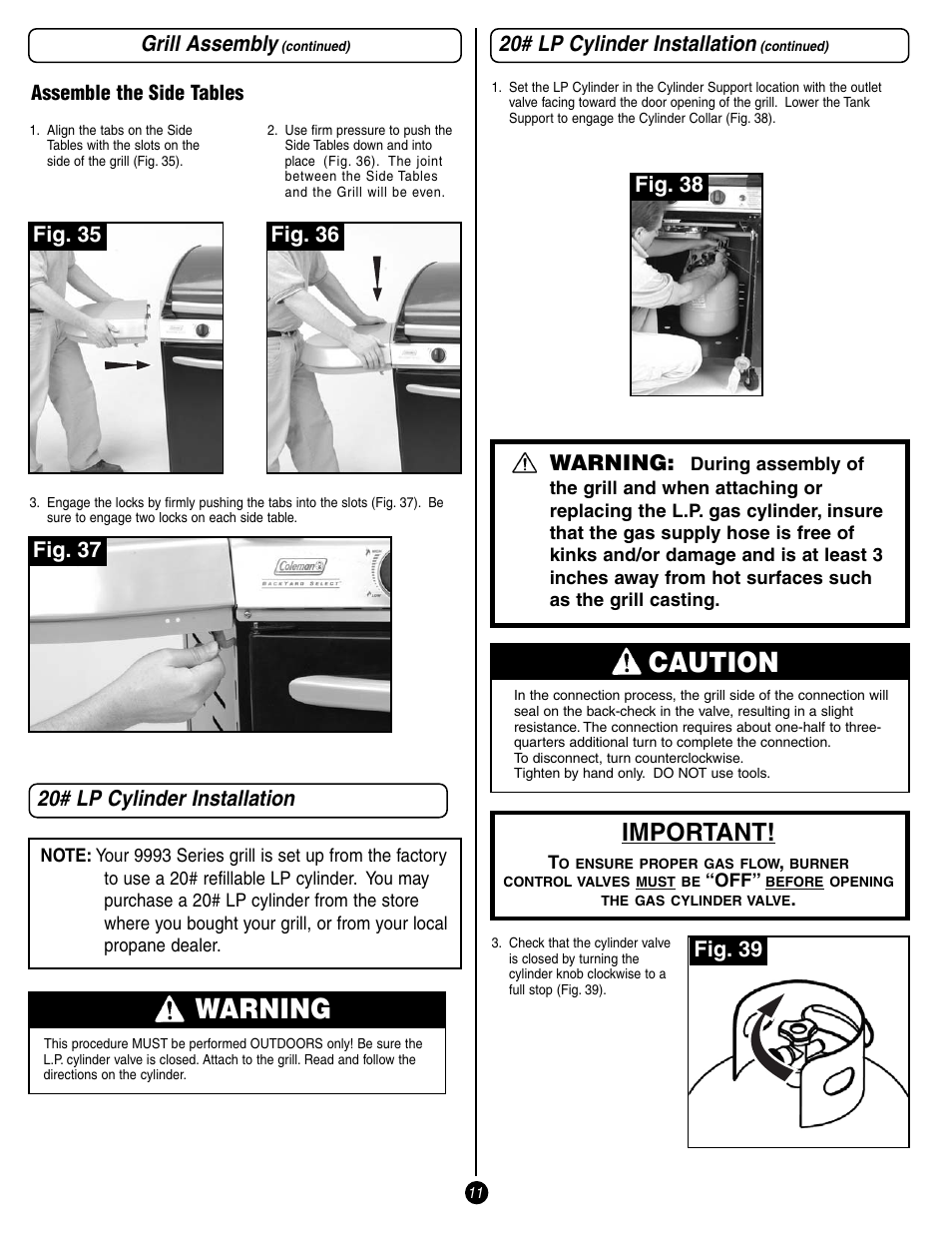 Warning, Caution, Important | Grill assembly, 20# lp cylinder installation, Fig. 35, Fig. 36, Fig. 37, Fig. 38, Fig. 39 | Coleman 9993 User Manual | Page 11 / 24