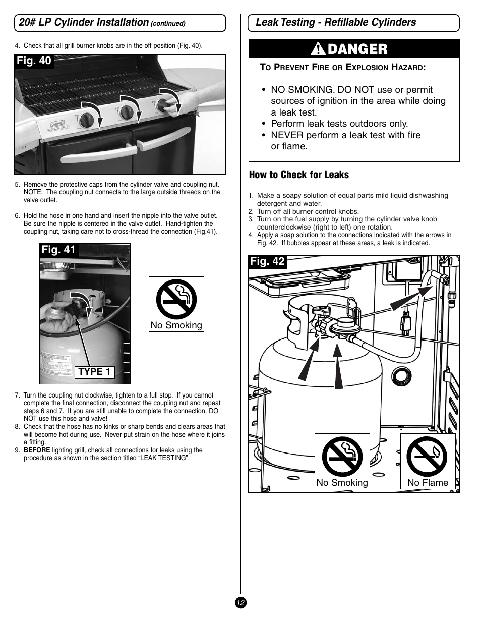 Danger, Leak testing - refillable cylinders, 20# lp cylinder installation | Fig. 40, Fig. 41, Fig. 42, How to check for leaks | Coleman 9993 User Manual | Page 12 / 24