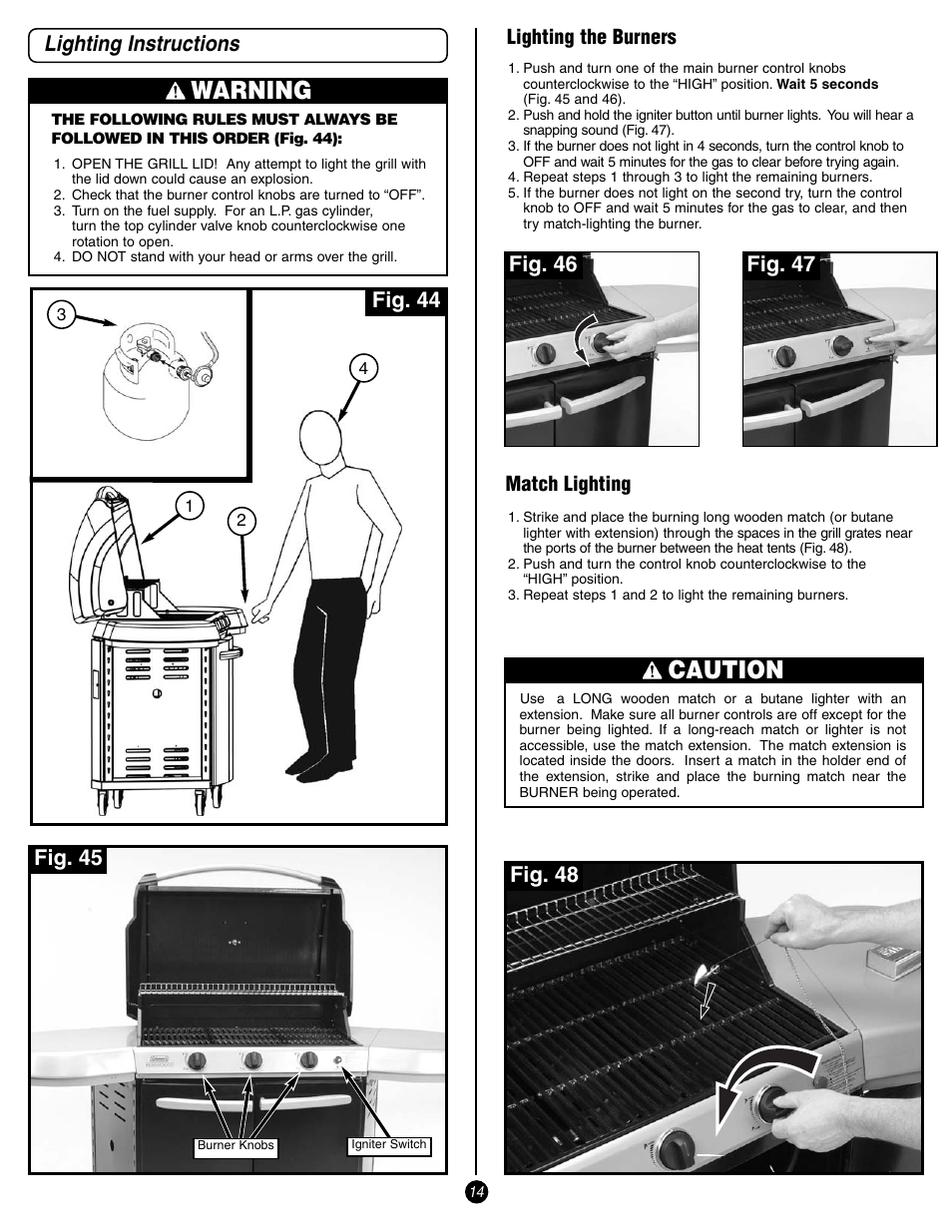 Warning, Caution, Lighting instructions | Fig. 44 fig. 45, Fig. 48, Fig. 46 fig. 47, Match lighting, Lighting the burners | Coleman 9993 User Manual | Page 14 / 24