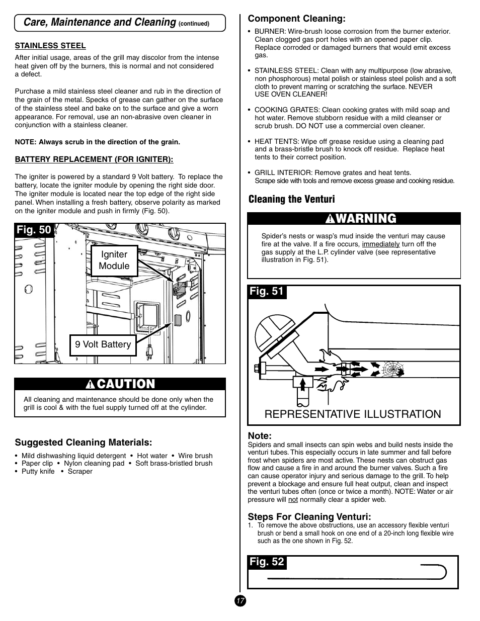 Caution, Warning, Care, maintenance and cleaning | Representative illustration, Fig. 51 fig. 52, Fig. 50, Cleaning the venturi | Coleman 9993 User Manual | Page 17 / 24