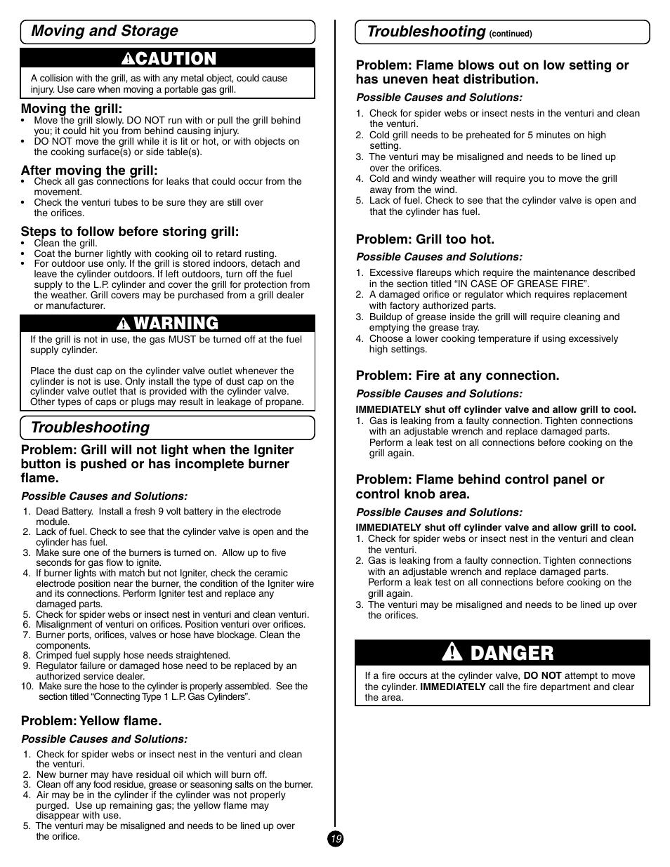 Danger, Caution, Warning | Moving and storage troubleshooting, Troubleshooting | Coleman 9993 User Manual | Page 19 / 24