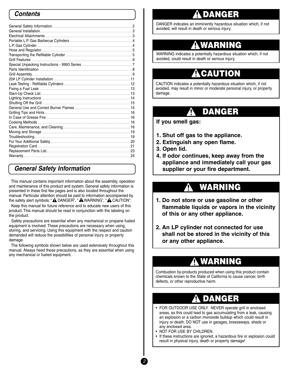 Danger, Warning, Caution | Contents general safety information | Coleman 9993 User Manual | Page 2 / 24