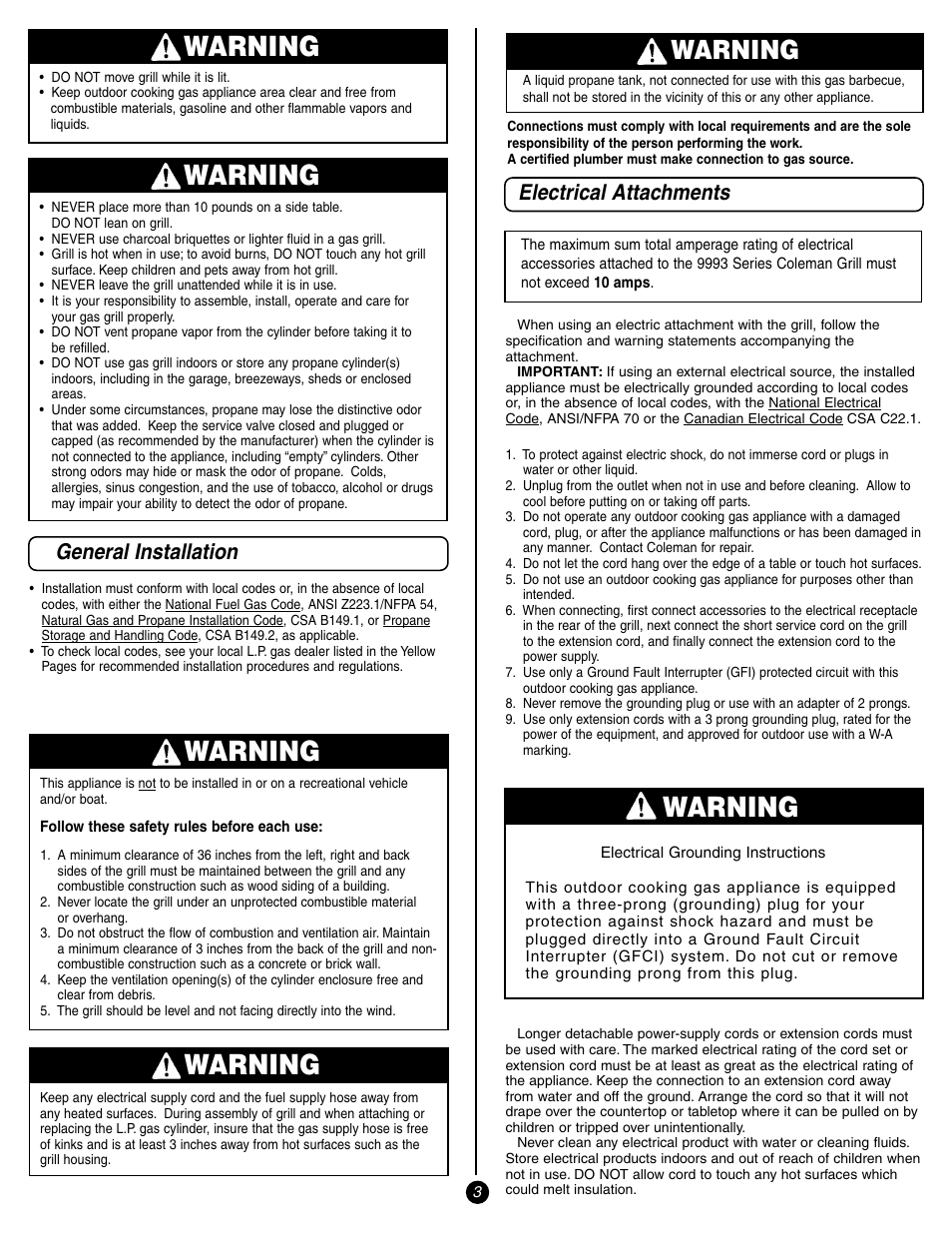 Warning, General installation, Electrical attachments | Coleman 9993 User Manual | Page 3 / 24