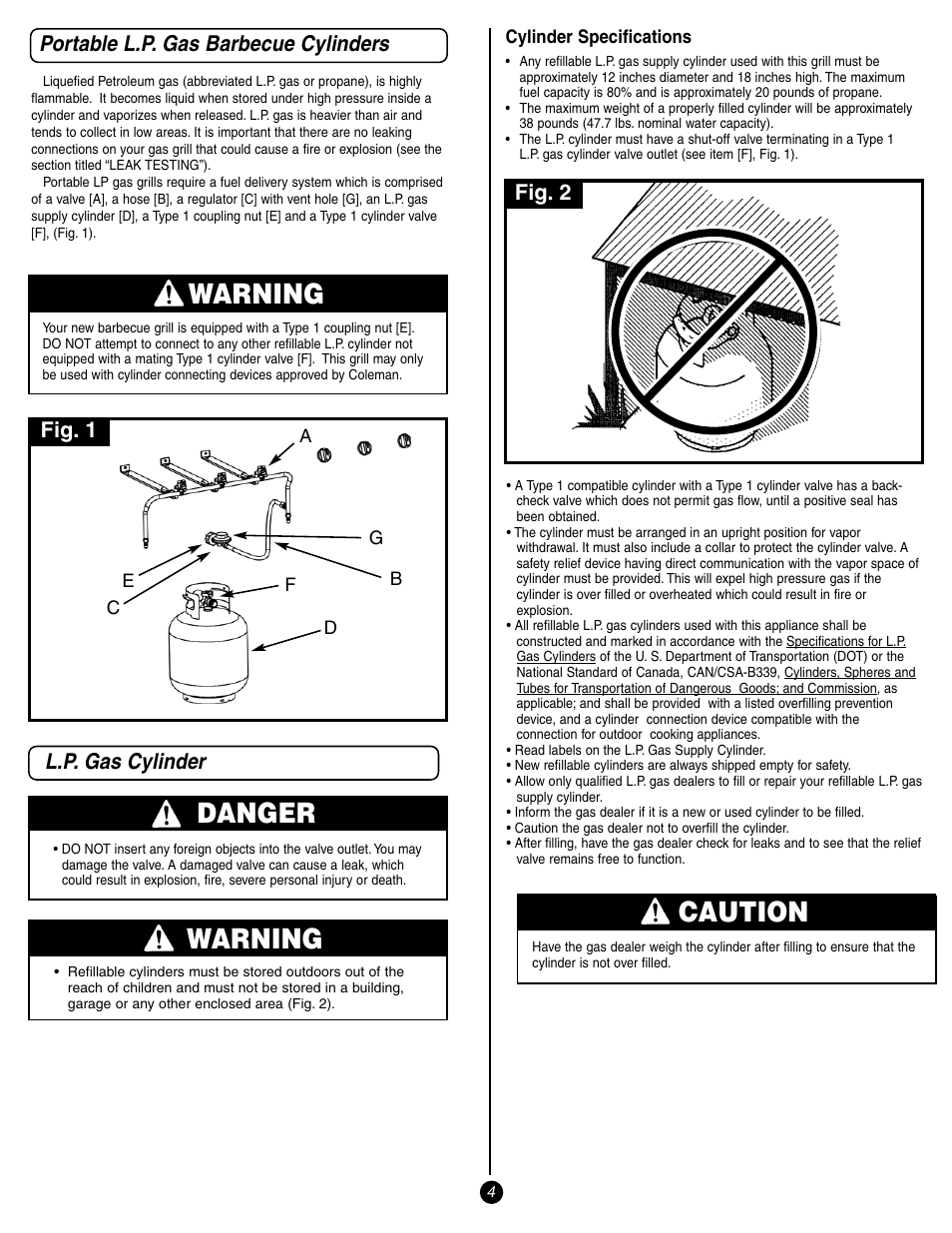 Danger, Warning, Caution | L.p. gas cylinder, Portable l.p. gas barbecue cylinders, Fig. 2, Fig. 1 | Coleman 9993 User Manual | Page 4 / 24