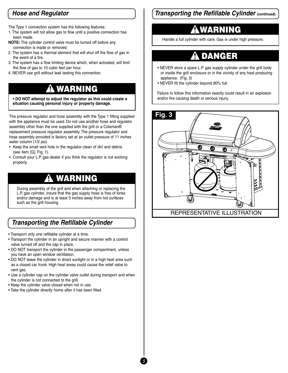 Warning, Danger, Transporting the refillable cylinder | Fig. 3 | Coleman 9993 User Manual | Page 5 / 24