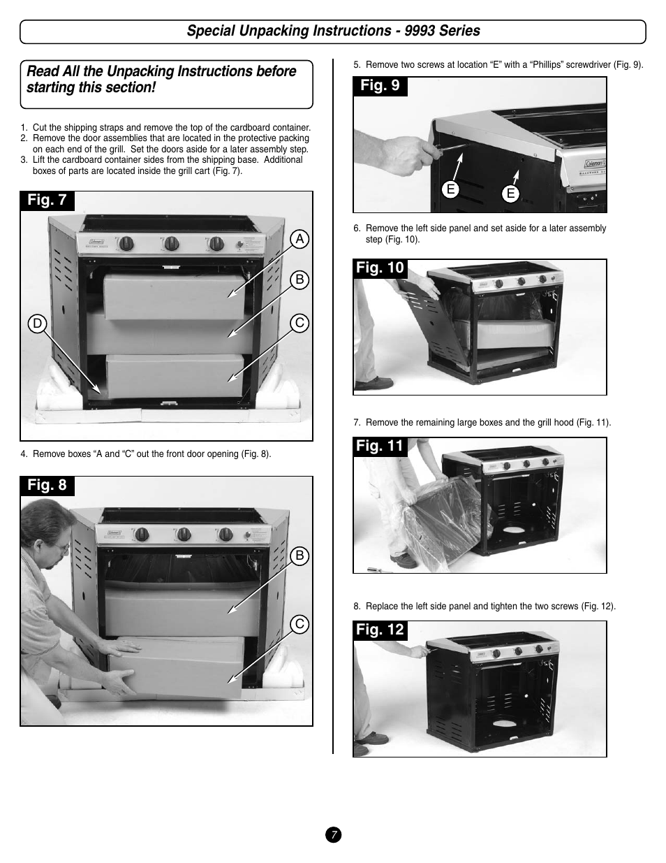 Special unpacking instructions - 9993 series, Fig. 7, Fig. 8 | Fig. 9, Fig. 10, Fig. 11, Fig. 12 | Coleman 9993 User Manual | Page 7 / 24