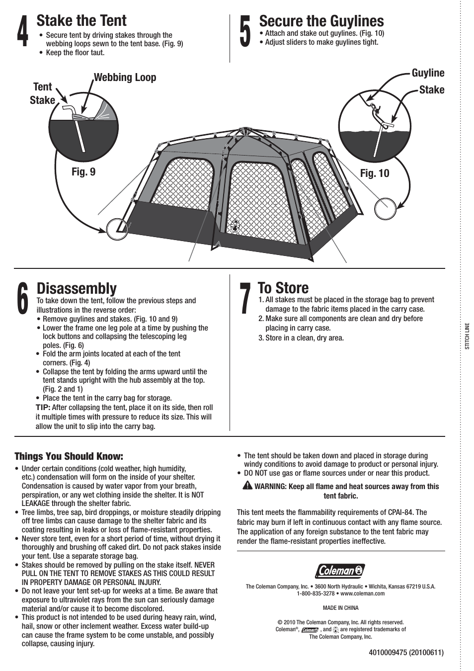 Disassembly, Secure the guylines, Stake the tent | Coleman 2000007832 User Manual | Page 2 / 2