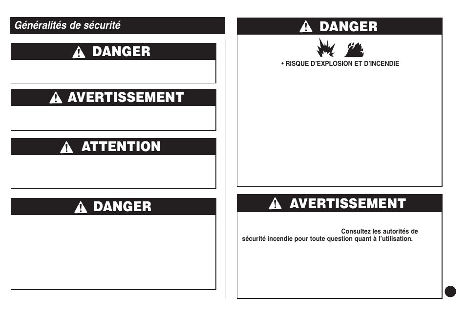 Danger, Avertissement, Danger attention | Généralités de sécurité | Coleman Propane Stoves User Manual | Page 13 / 32