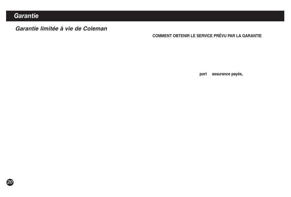 Garantie, Garantie limitée à vie de coleman | Coleman Propane Stoves User Manual | Page 20 / 32