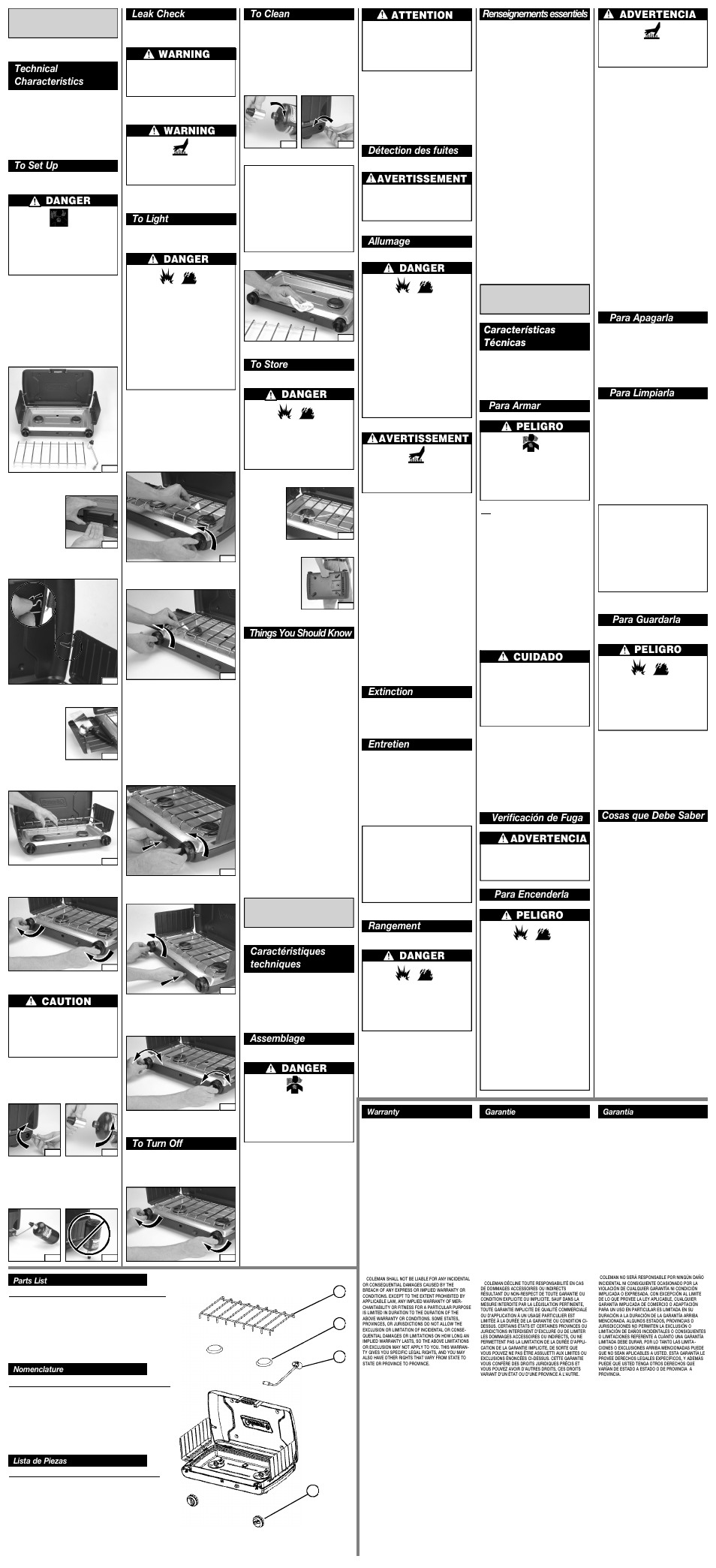 English, Français, Español | Danger, Caution, Leak check danger, Warning, Assemblage caractéristiques techniques, Attention, Things you should know danger | Coleman 5466 User Manual | Page 2 / 2