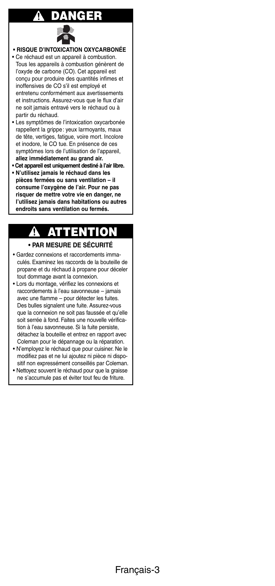 Danger, Attention, Français-3 | Coleman 5412A User Manual | Page 10 / 24