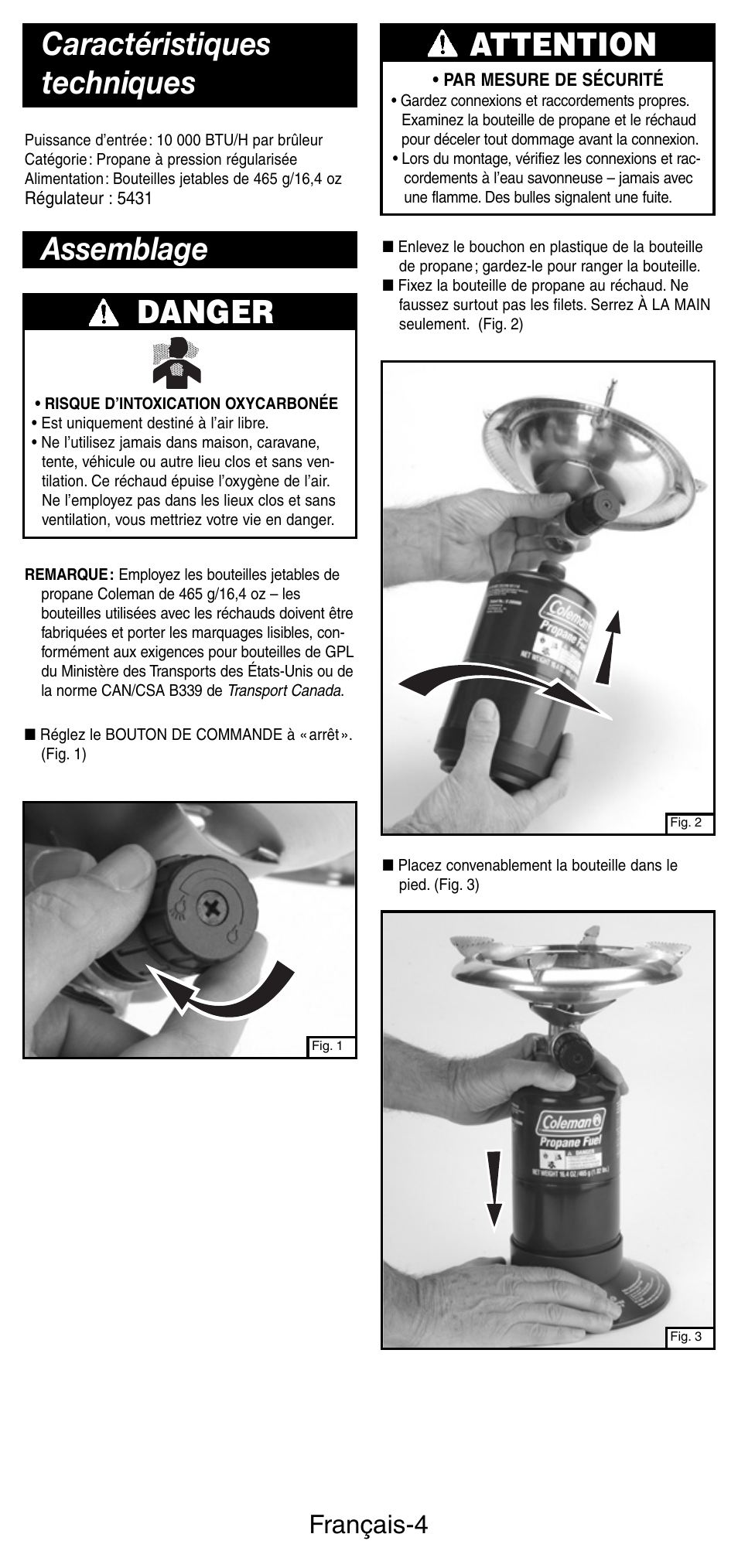 Assemblage caractéristiques techniques, Danger, Attention | Français-4 | Coleman 5412A User Manual | Page 11 / 24