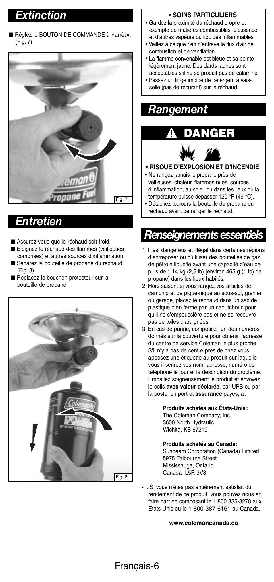 Danger, Rangement, Renseignements essentiels extinction | Entretien, Français-6 | Coleman 5412A User Manual | Page 13 / 24