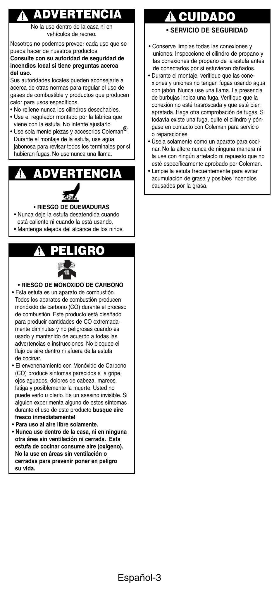 Advertencia, Peligro, Cuidado | Español-3 | Coleman 5412A User Manual | Page 17 / 24