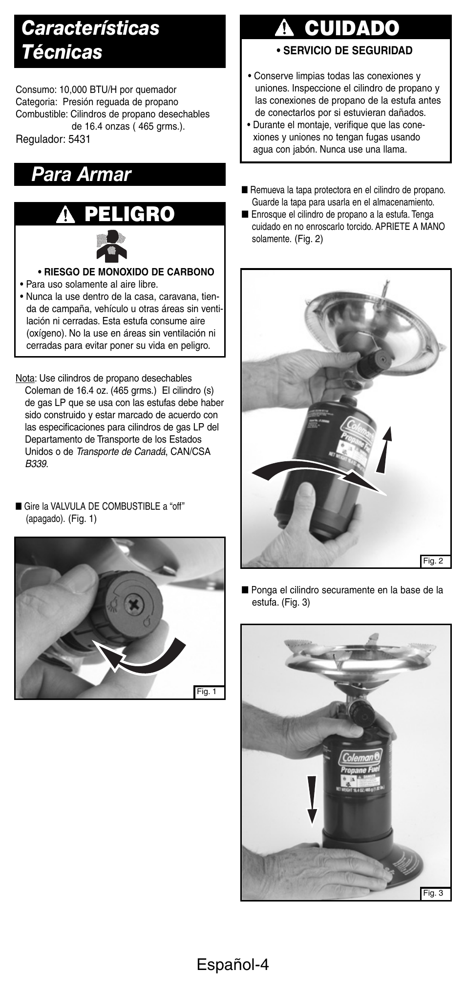 Características técnicas, Para armar peligro, Cuidado | Español-4 | Coleman 5412A User Manual | Page 18 / 24