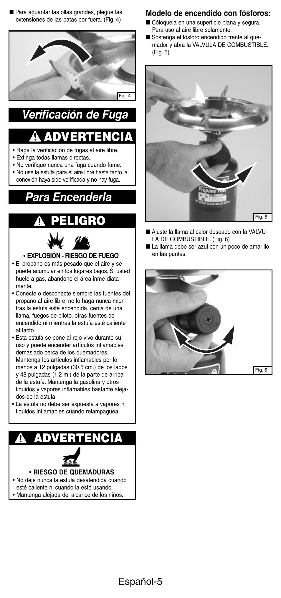 Advertencia, Verificación de fuga para encenderla peligro, Español-5 | Modelo de encendido con fósforos | Coleman 5412A User Manual | Page 19 / 24