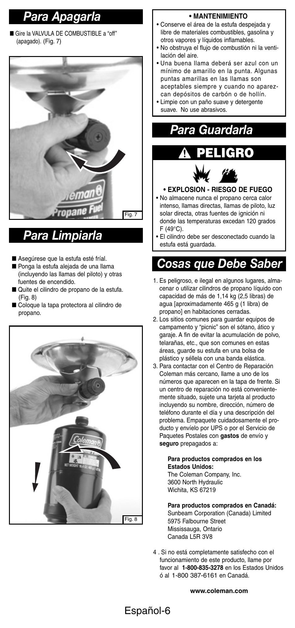 Para limpiarla, Cosas que debe saber peligro, Para guardarla para apagarla | Español-6 | Coleman 5412A User Manual | Page 20 / 24