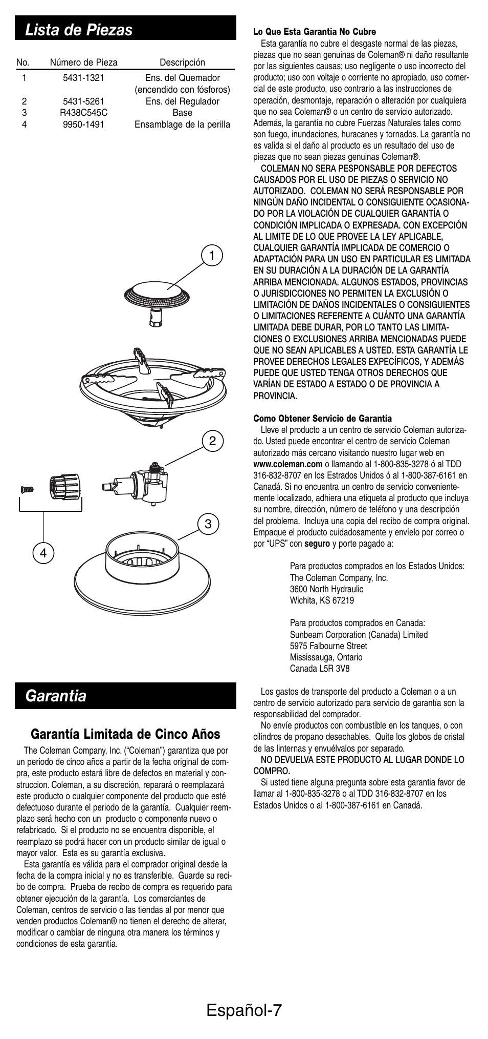 Español-7, Lista de piezas, Garantia | Garantía limitada de cinco años | Coleman 5412A User Manual | Page 21 / 24