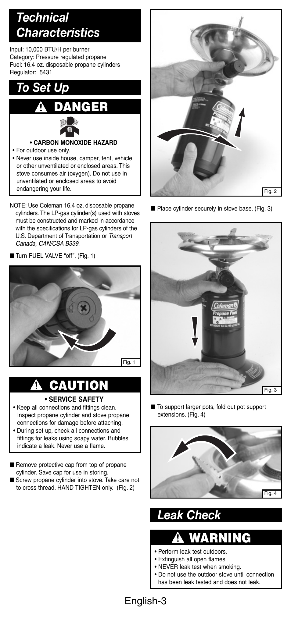 Danger, Caution, Warning | Leak check, English-3 | Coleman 5412A User Manual | Page 4 / 24