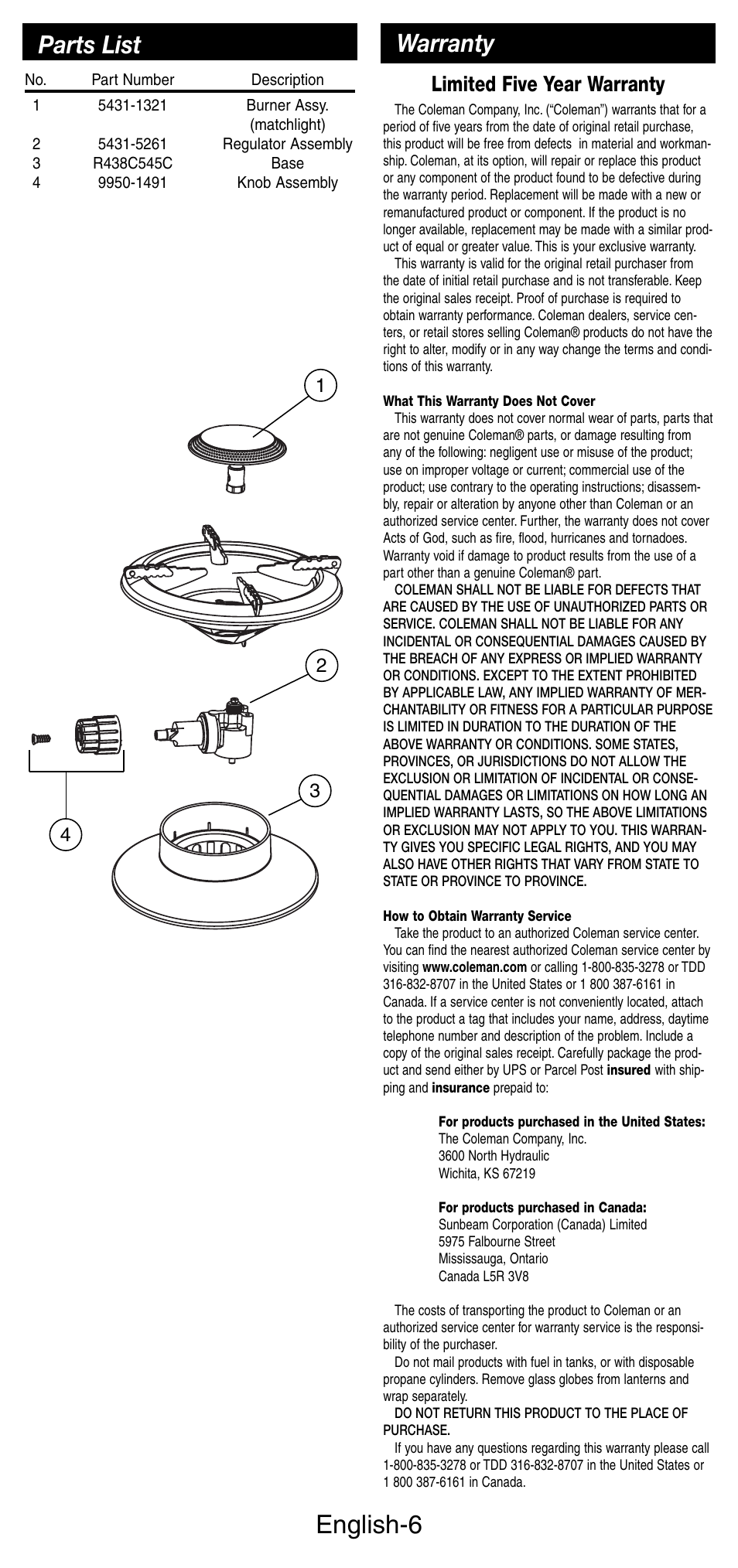 English-6, Parts list, Warranty | Limited five year warranty | Coleman 5412A User Manual | Page 7 / 24