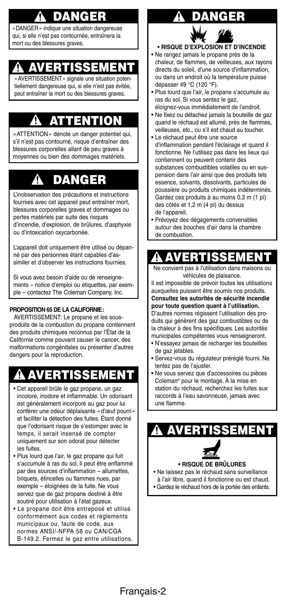 Avertissement danger, Avertissement, Danger | Attention, Français-2 | Coleman 5412A User Manual | Page 9 / 24
