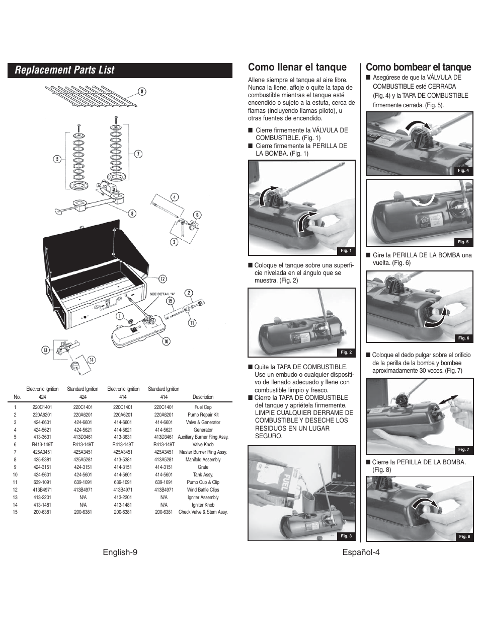 Replacement parts list, Como bombear el tanque, Como llenar el tanque | Español-4, English-9 | Coleman 4010003804 User Manual | Page 10 / 20