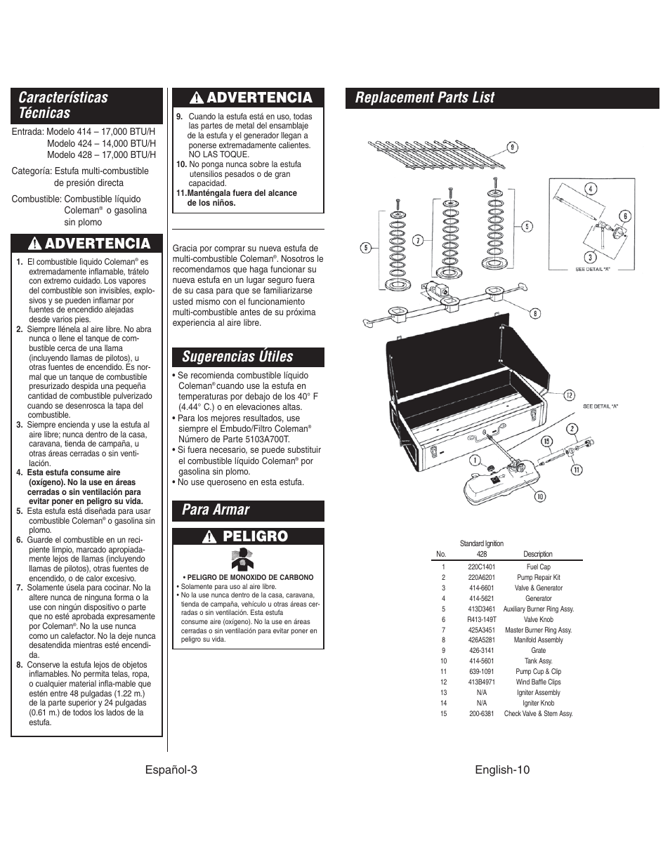 Características técnicas, Para armar, Sugerencias útiles | Replacement parts list, Advertencia, Peligro, Español-3, English-10 | Coleman 4010003804 User Manual | Page 11 / 20