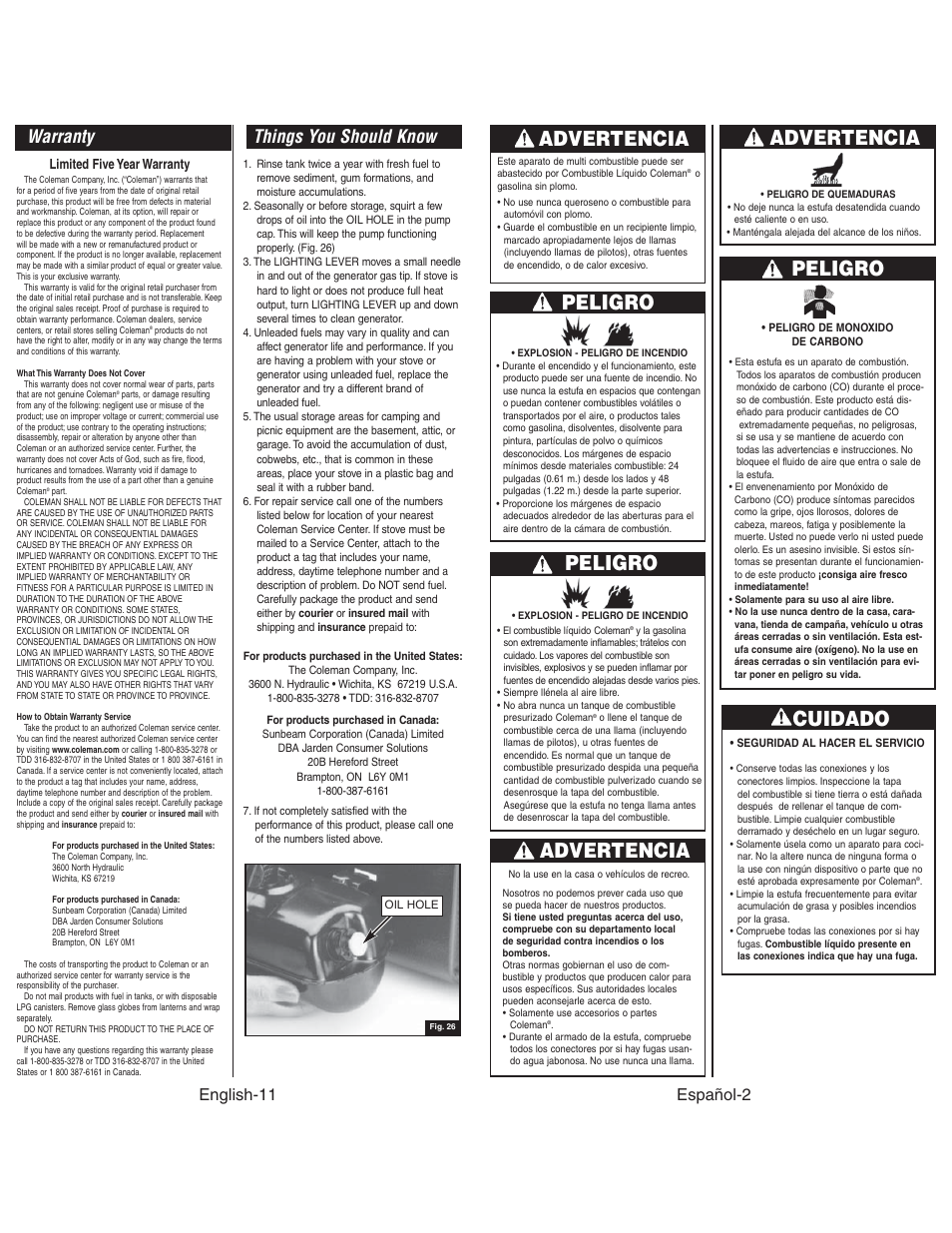 Advertencia, Peligro, Cuidado | Warranty, Things you should know, Español-2, English-11 | Coleman 4010003804 User Manual | Page 12 / 20